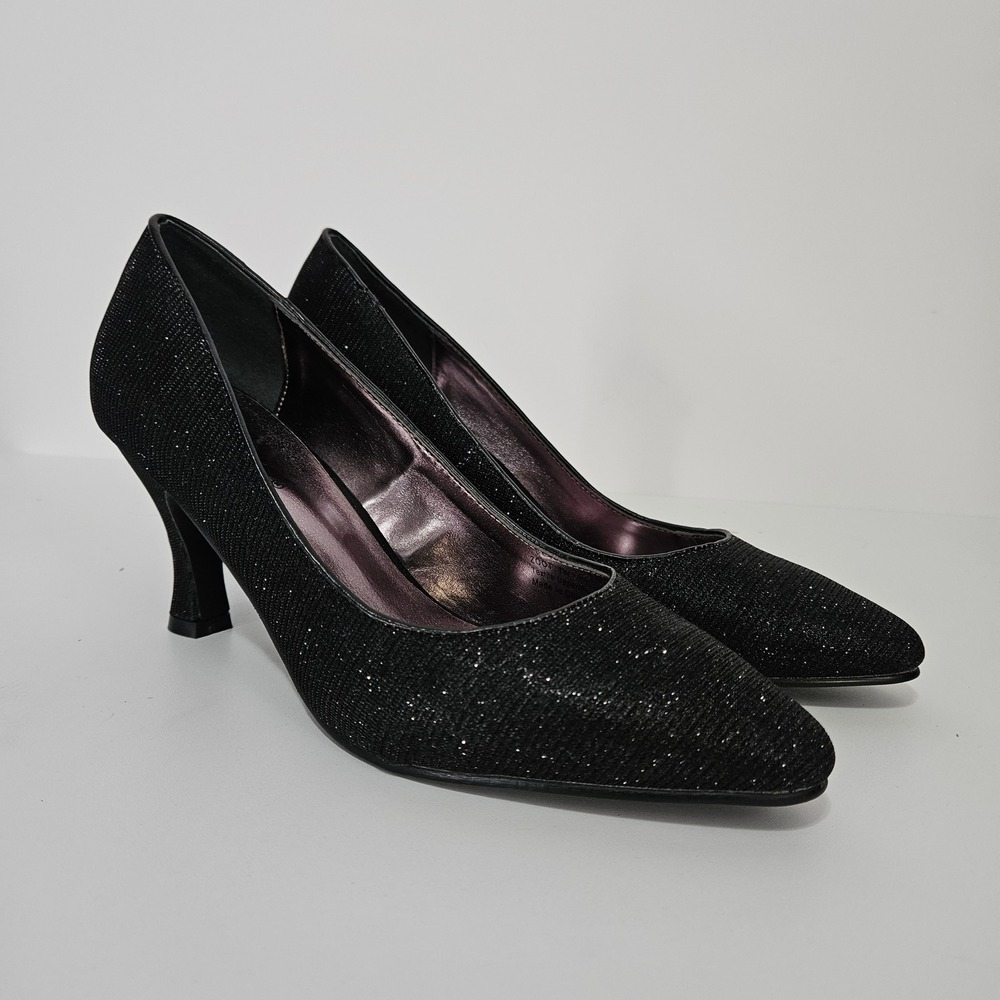 Bellini Womens Kitten Heel Pumps Black Glitter Pointed Toe 7W Formal Sparkle